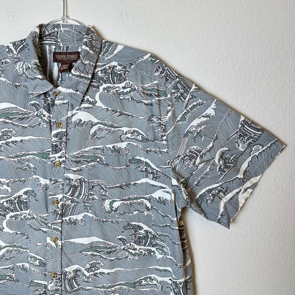 Cooke Street Men XL Great Wave Hawaiian Shirt Blue Grey Cotton Aloha Button Down